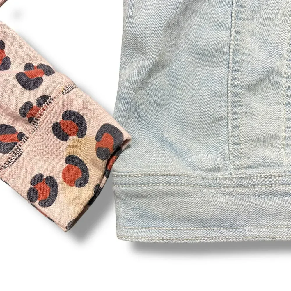 Cat & Jack Girls Denim Jean Jacket Hooded Long Sleeves Animal Print Hooded Large